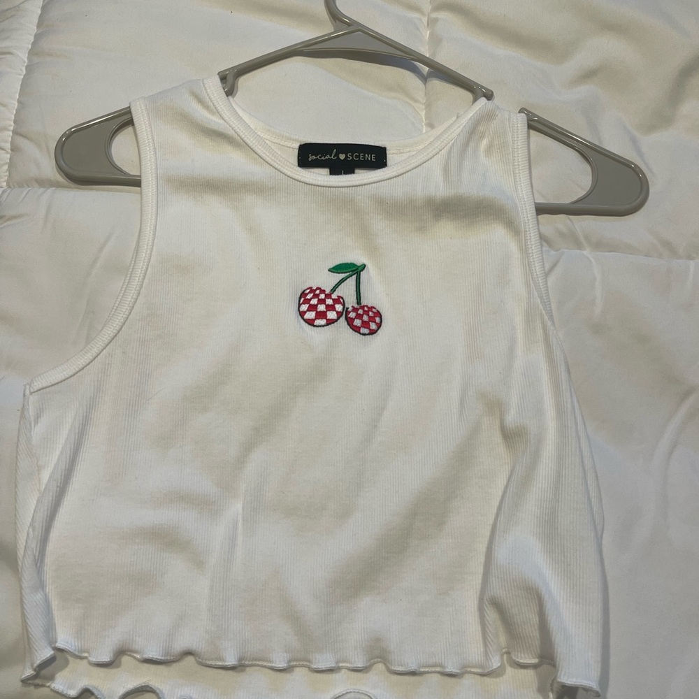SHEIN White Crop Top with Cherry Embroidery
